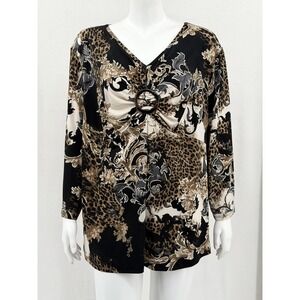 Sami & Jo Top Women 3X Black Brown Leopard Textured Stretch V-Neck Office Mature
